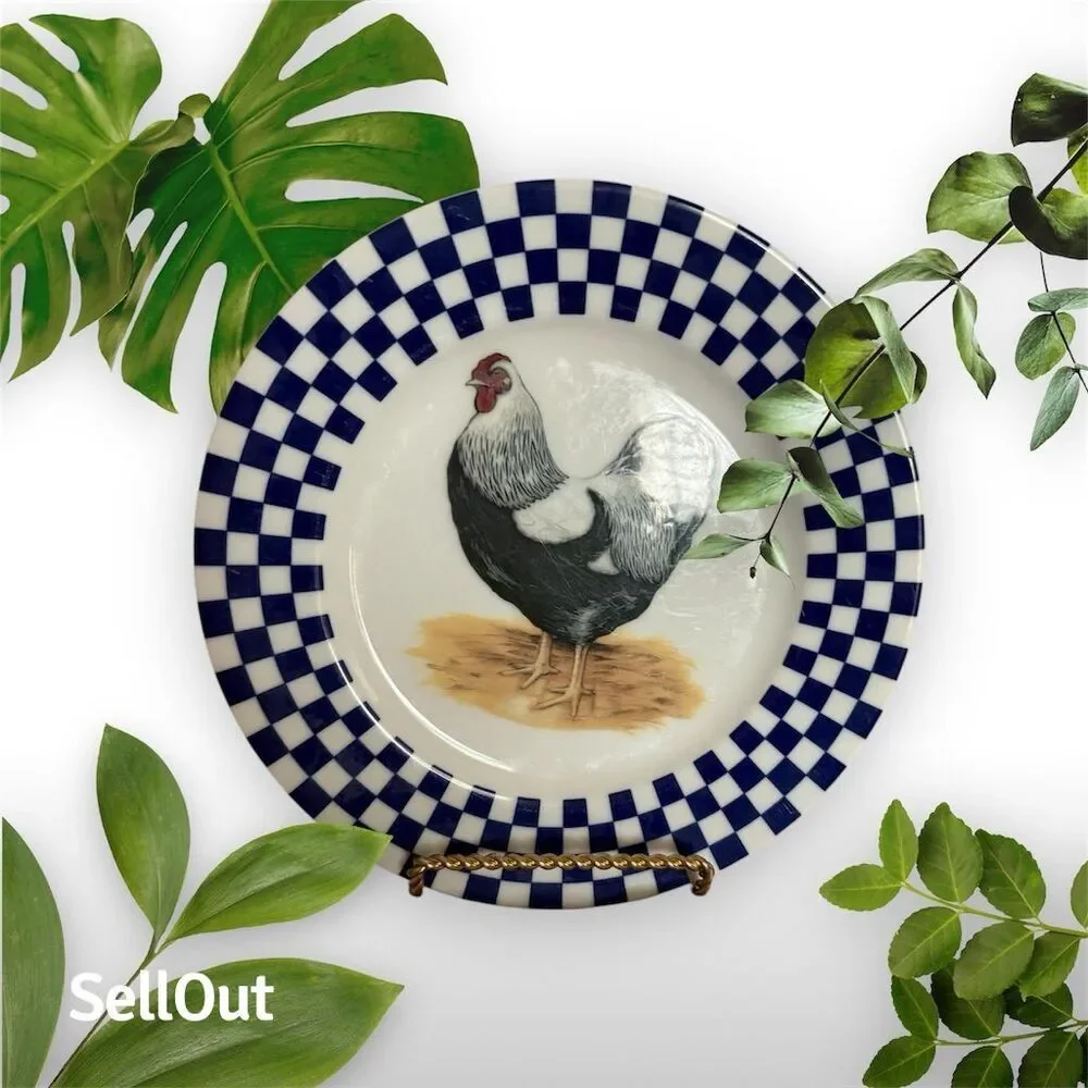 Williams Sonoma Blue Checkered Rooster Salad Plates Set of 4